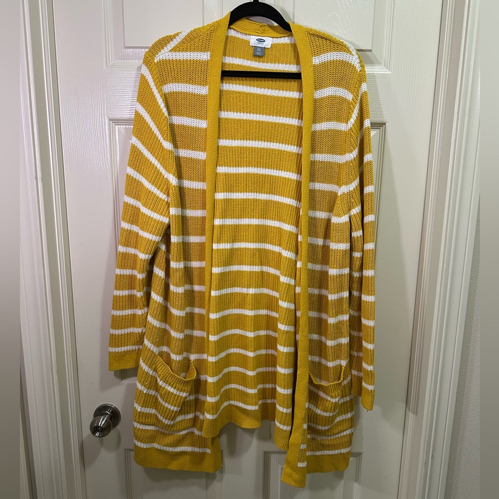 Old Navy Open Front Long Line Cardigan Sz XXL Sweater Knit Pockets Yellow Stripe